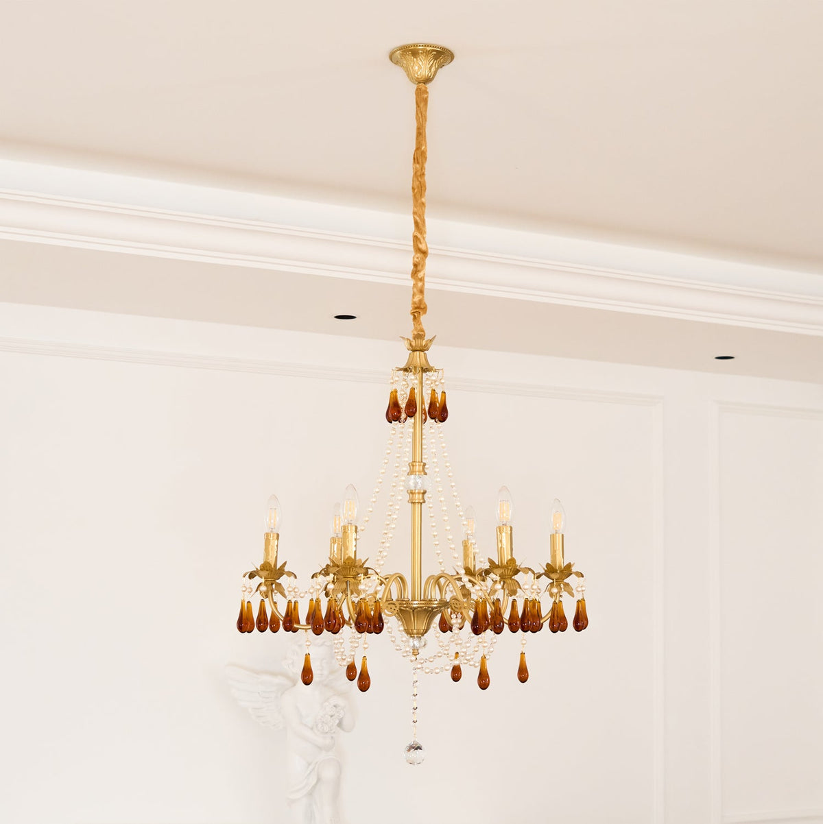 Aureate Amber Crystal Chandelier – Gold Brass Pendant Light for Dining Room
