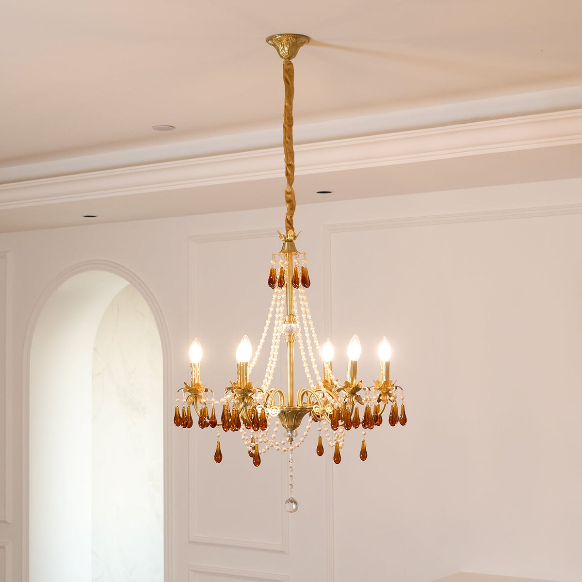 Aureate Amber Crystal Chandelier – Gold Brass Pendant Light for Dining Room