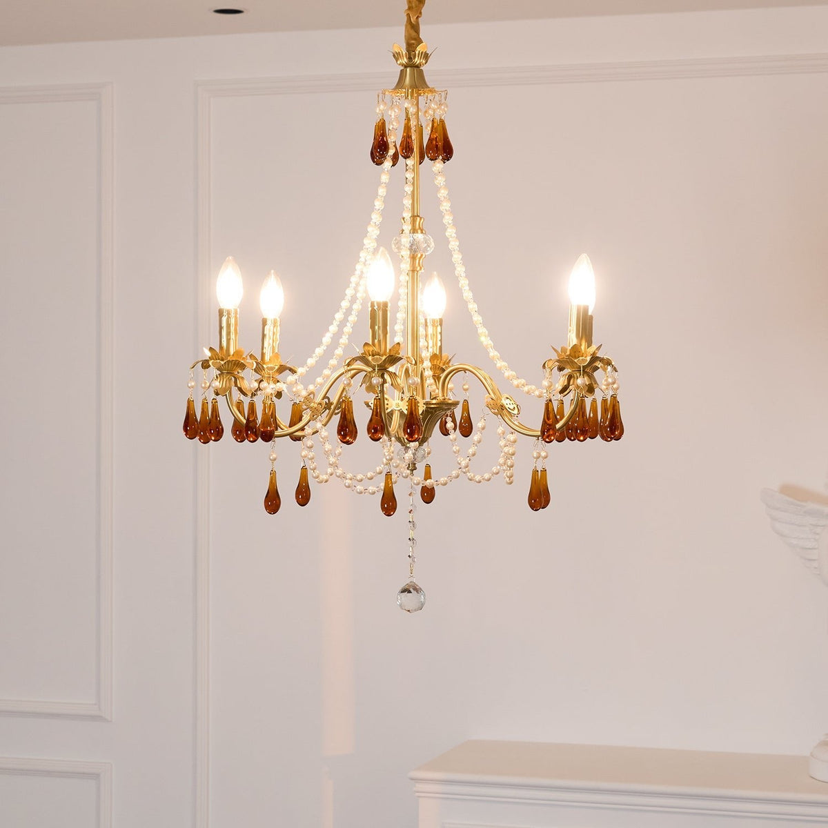 Aureate Amber Crystal Chandelier – Gold Brass Pendant Light for Dining Room