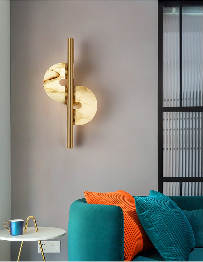 Aurelia Alabaster Wall Sconce in Brushed Gold, Dual Disc LED Light