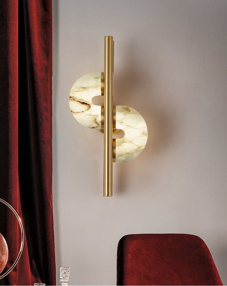 Aurelia Alabaster Wall Sconce in Brushed Gold, Dual Disc LED Light