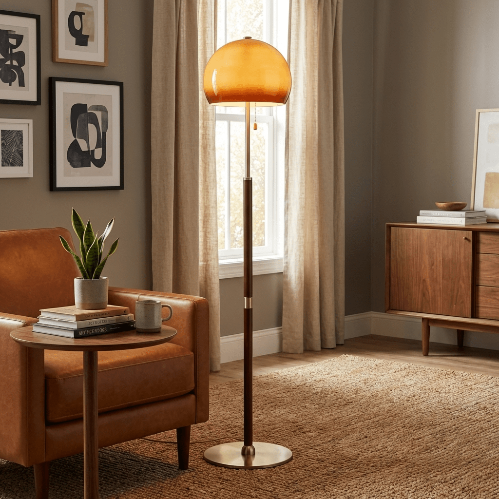 Aurelia Dome Floor Lamp with Amber Glass Shade and Wooden Stem