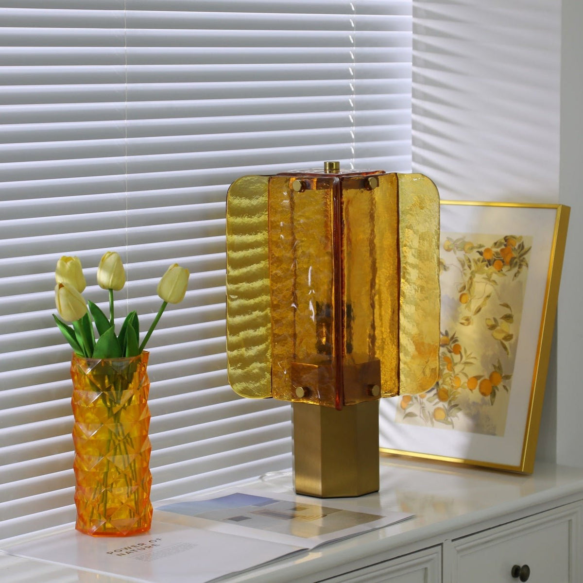 Aurelia Amber Glass Table Lamp with Brass Base for Bedside and Living Room