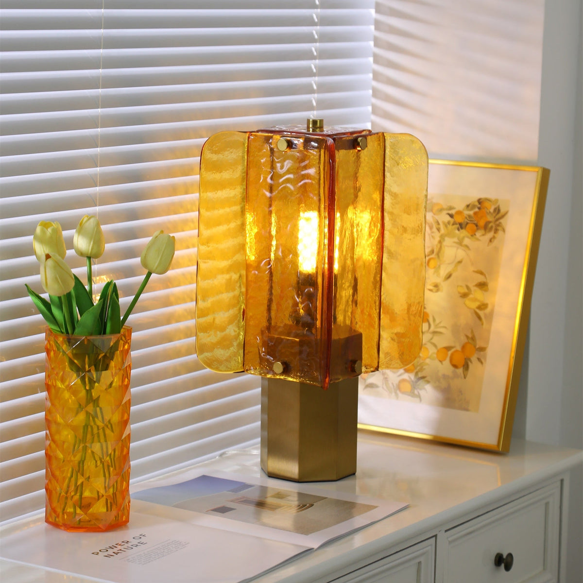 Aurelia Amber Glass Table Lamp with Brass Base for Bedside and Living Room