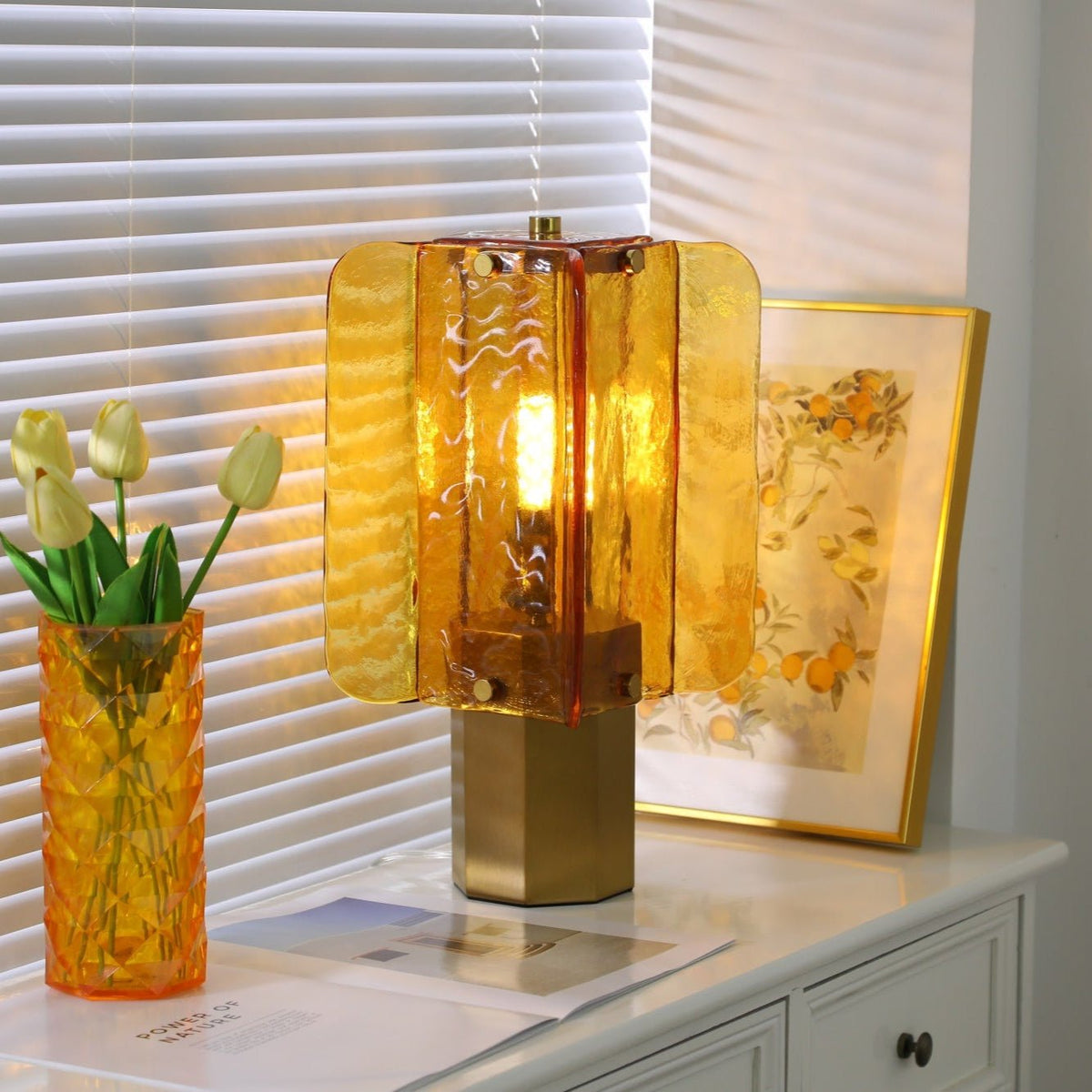 Aurelia Amber Glass Table Lamp with Brass Base for Bedside and Living Room
