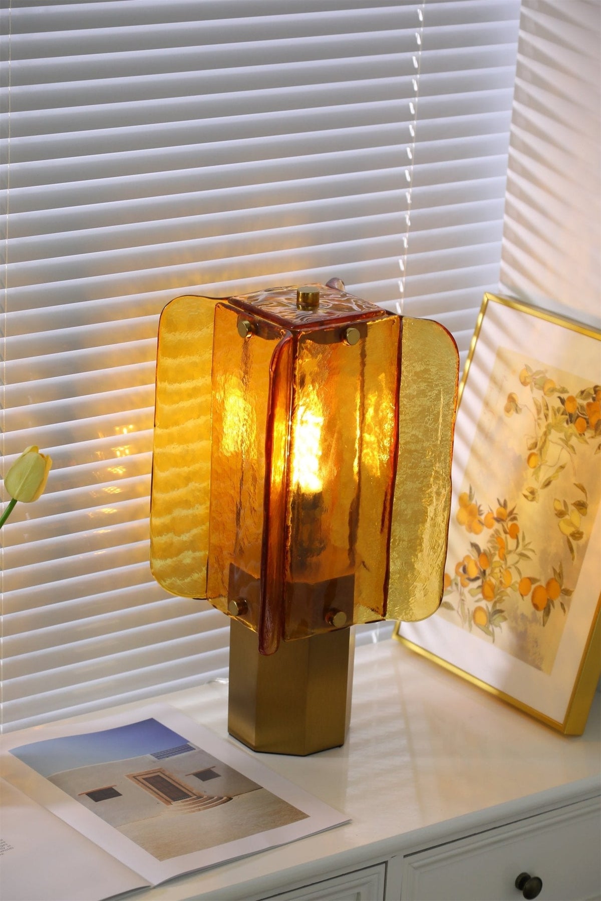 Aurelia Amber Glass Table Lamp with Brass Base for Bedside and Living Room