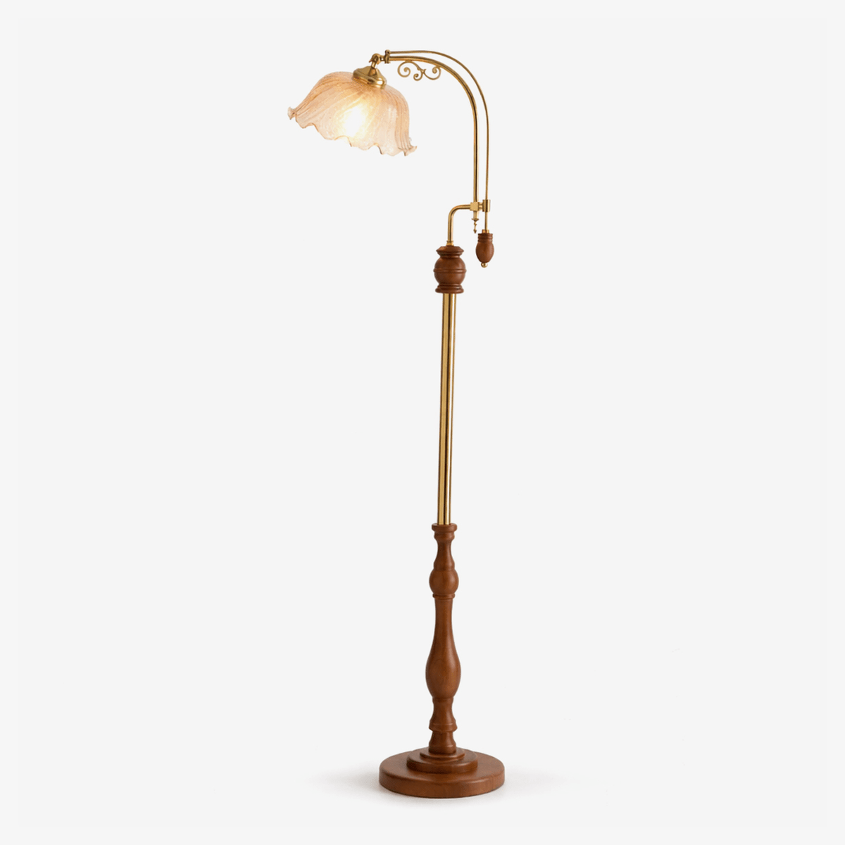 Aurelia Scroll Floor Lamp – Vintage Brass & Scalloped Glass Standing Light