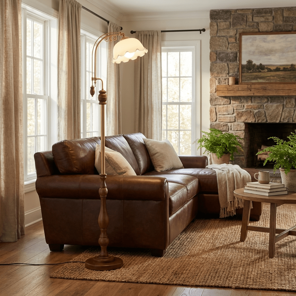 Aurelia Scroll Floor Lamp – Vintage Brass & Scalloped Glass Standing Light
