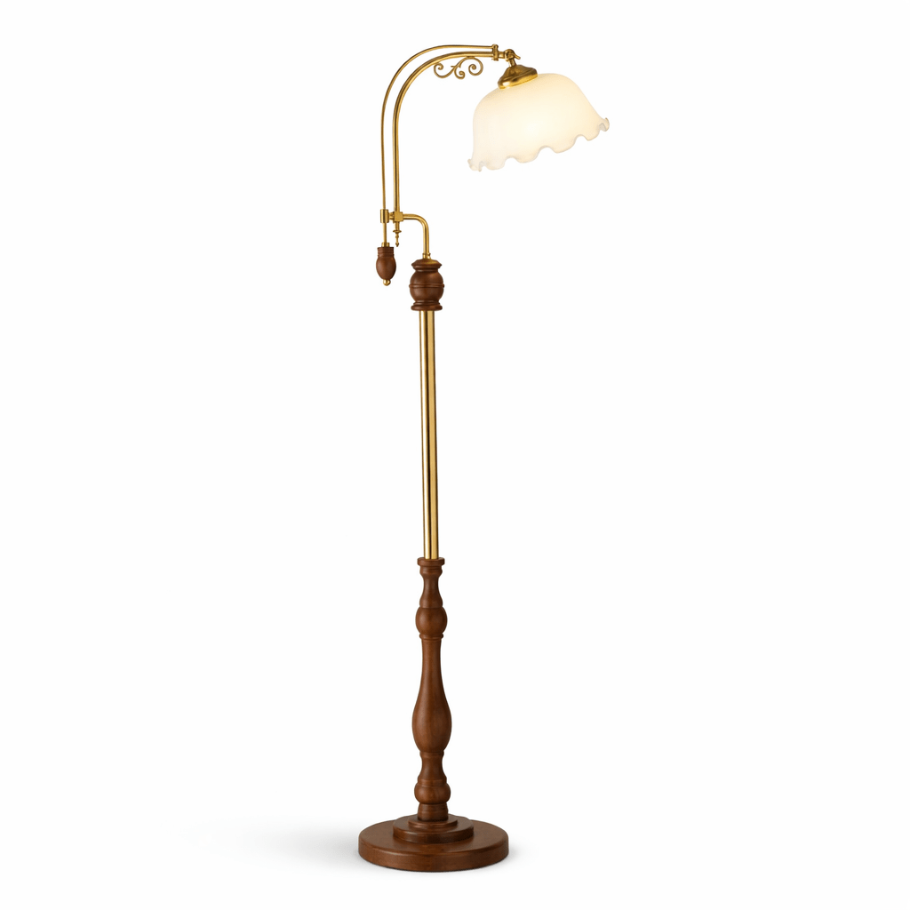 Aurelia Scroll Floor Lamp – Vintage Brass & Scalloped Glass Standing Light