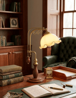 Aurelia Scroll Table Lamp with Brass Accents and Scalloped Glass Shade