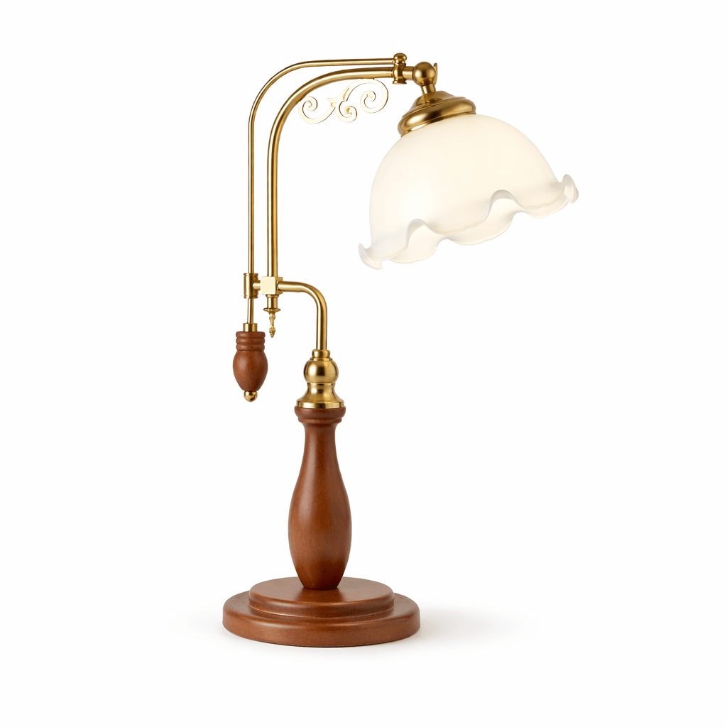 Aurelia Scroll Table Lamp with Brass Accents and Scalloped Glass Shade