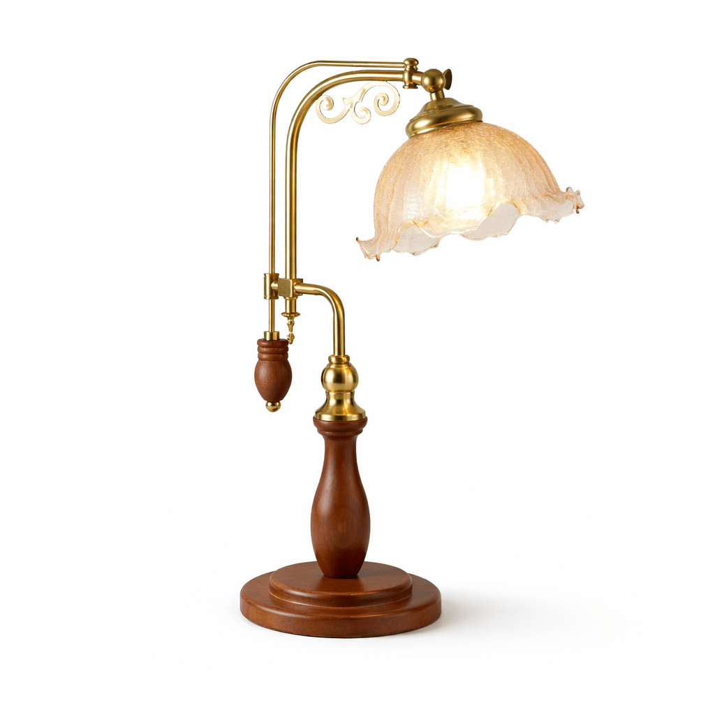Aurelia Scroll Table Lamp with Brass Accents and Scalloped Glass Shade