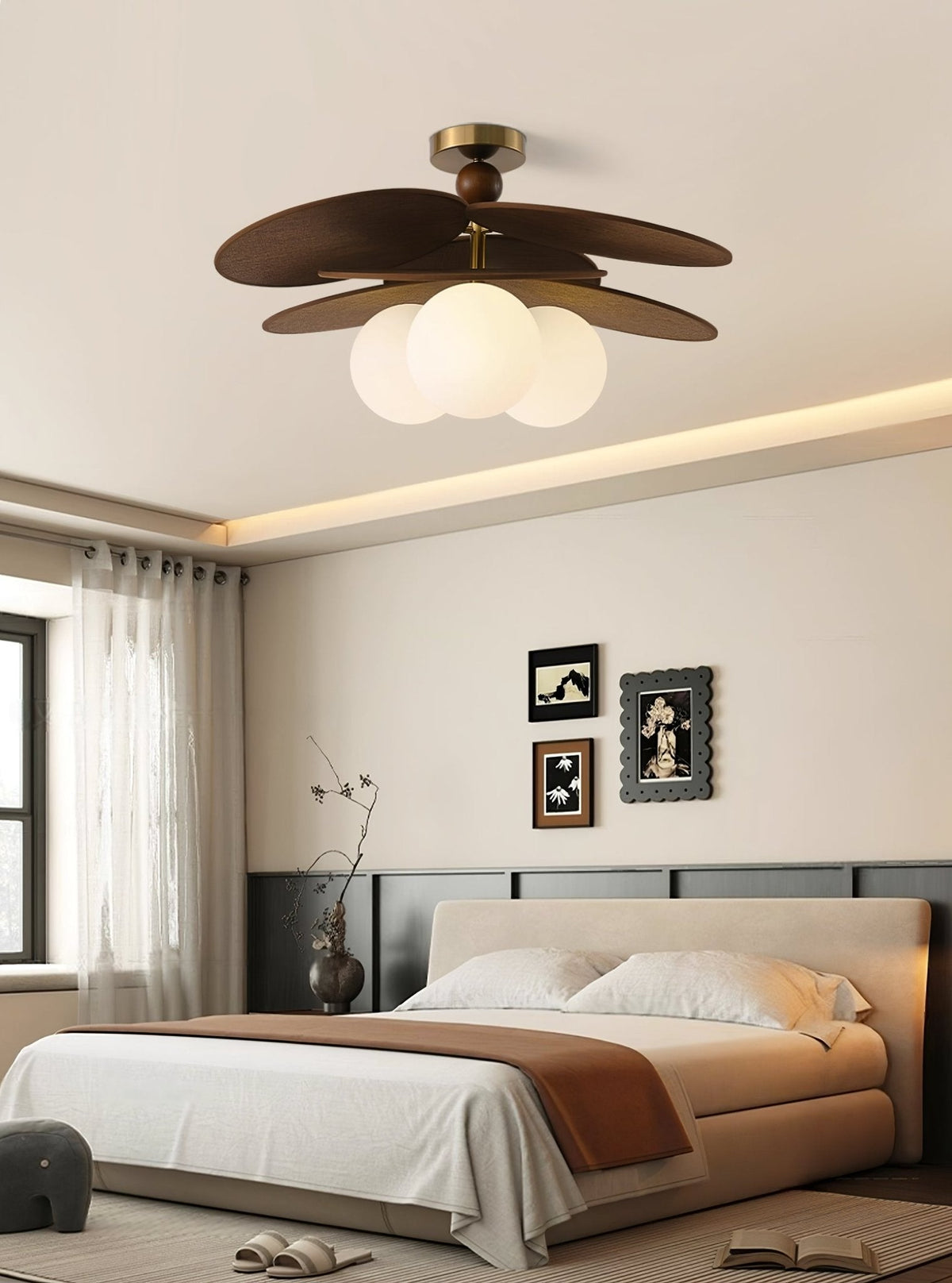 Aurelian Bloom Semi Flush Mount Ceiling Light in Walnut Rattan and Brass