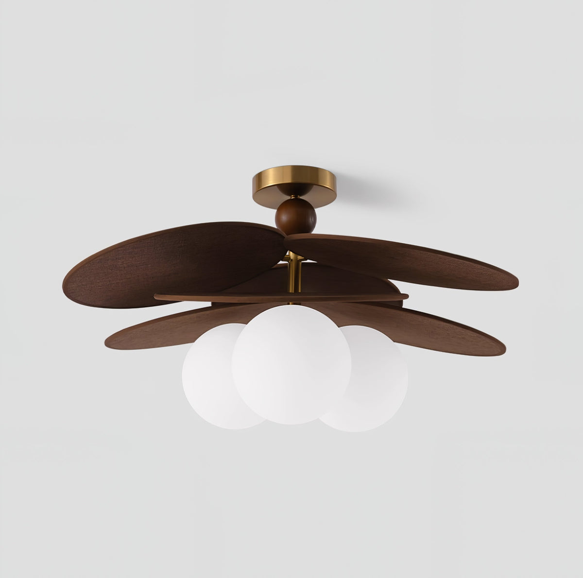 Aurelian Bloom Semi Flush Mount Ceiling Light in Walnut Rattan and Brass