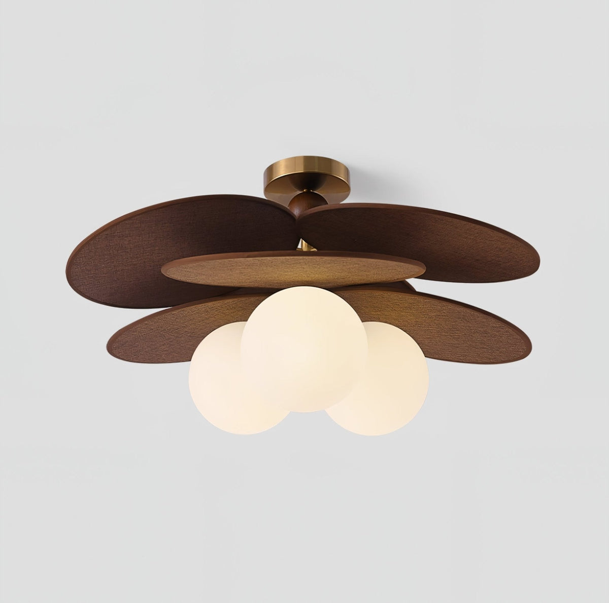 Aurelian Bloom Semi Flush Mount Ceiling Light in Walnut Rattan and Brass