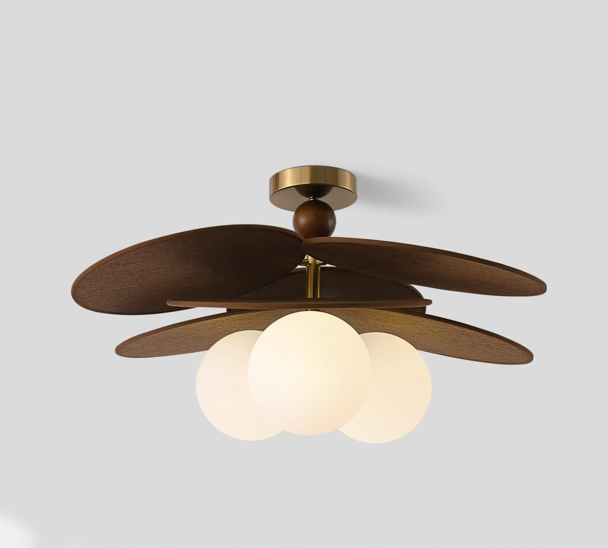 Aurelian Bloom Semi Flush Mount Ceiling Light in Walnut Rattan and Brass