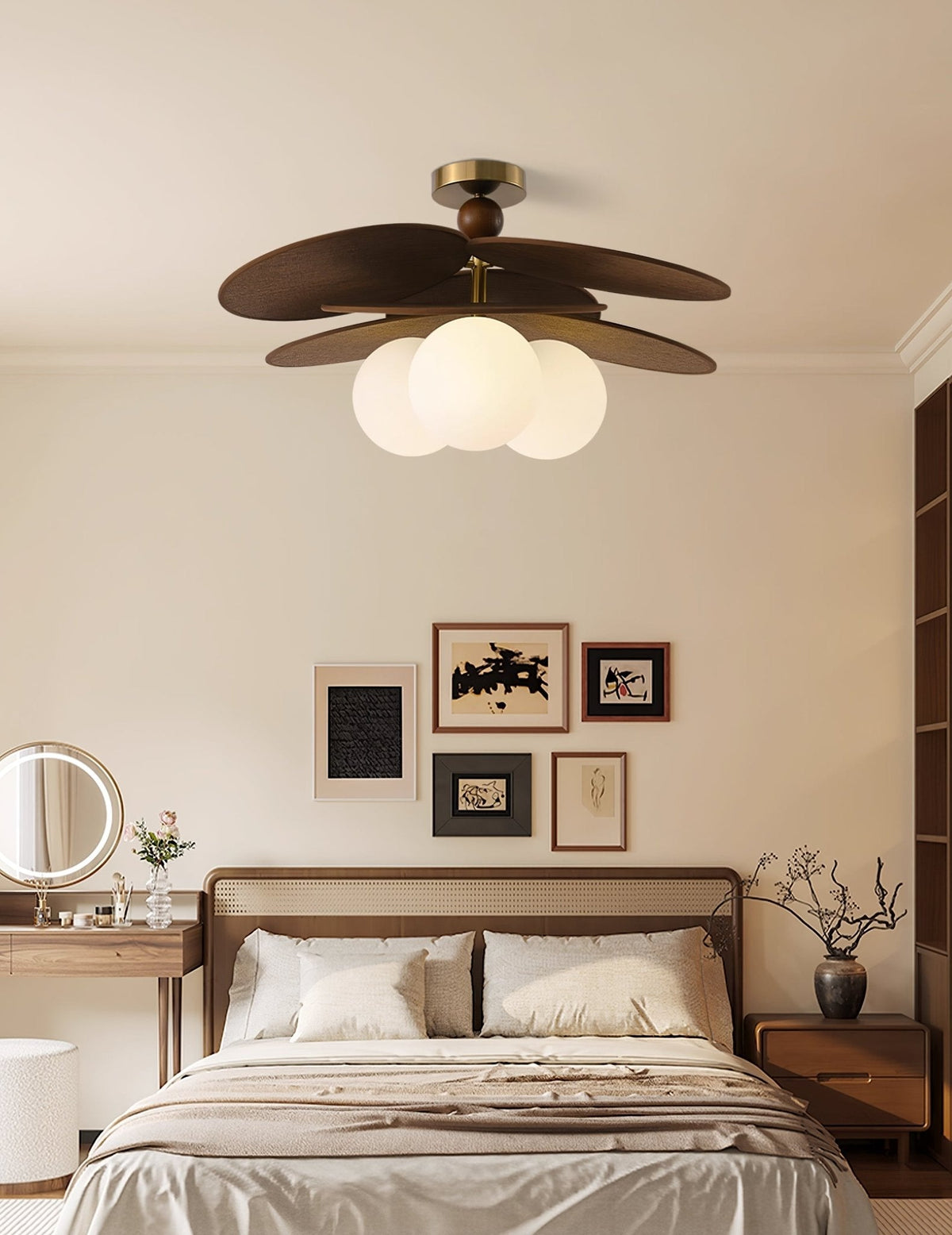 Aurelian Bloom Semi Flush Mount Ceiling Light in Walnut Rattan and Brass