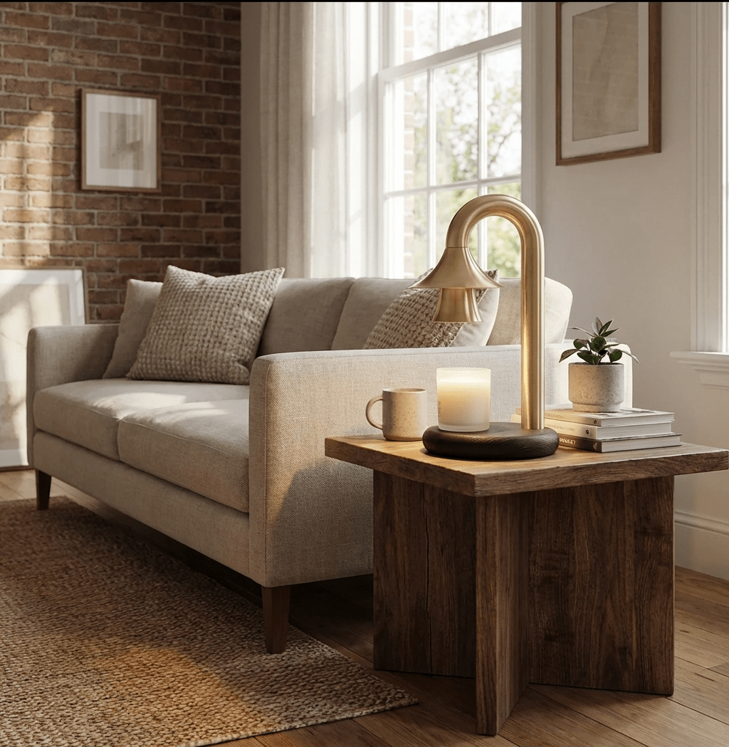Aurelio Candle Warmer Lamp – Brass & Wood Table Lamp