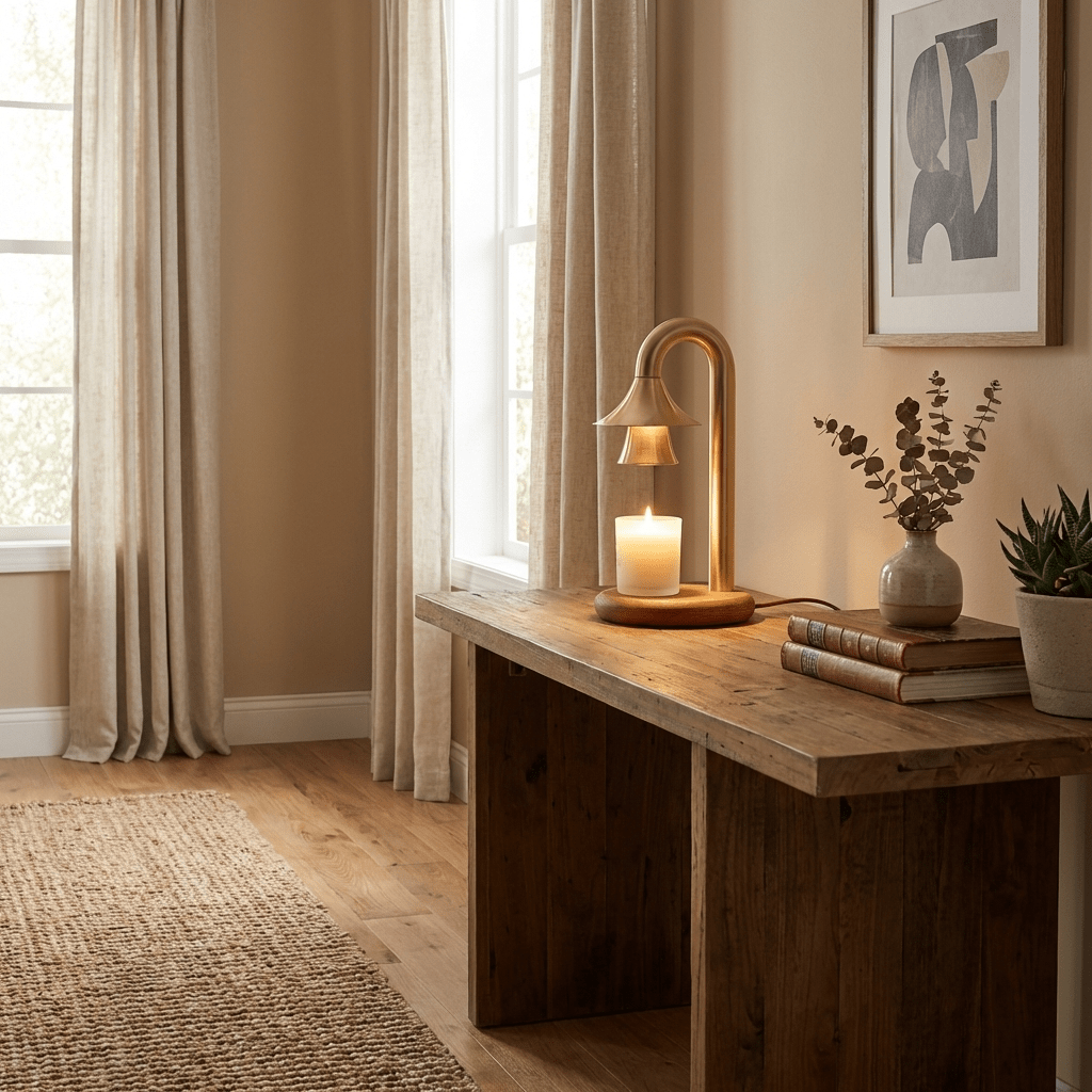 Aurelio Candle Warmer Lamp – Brass & Wood Table Lamp