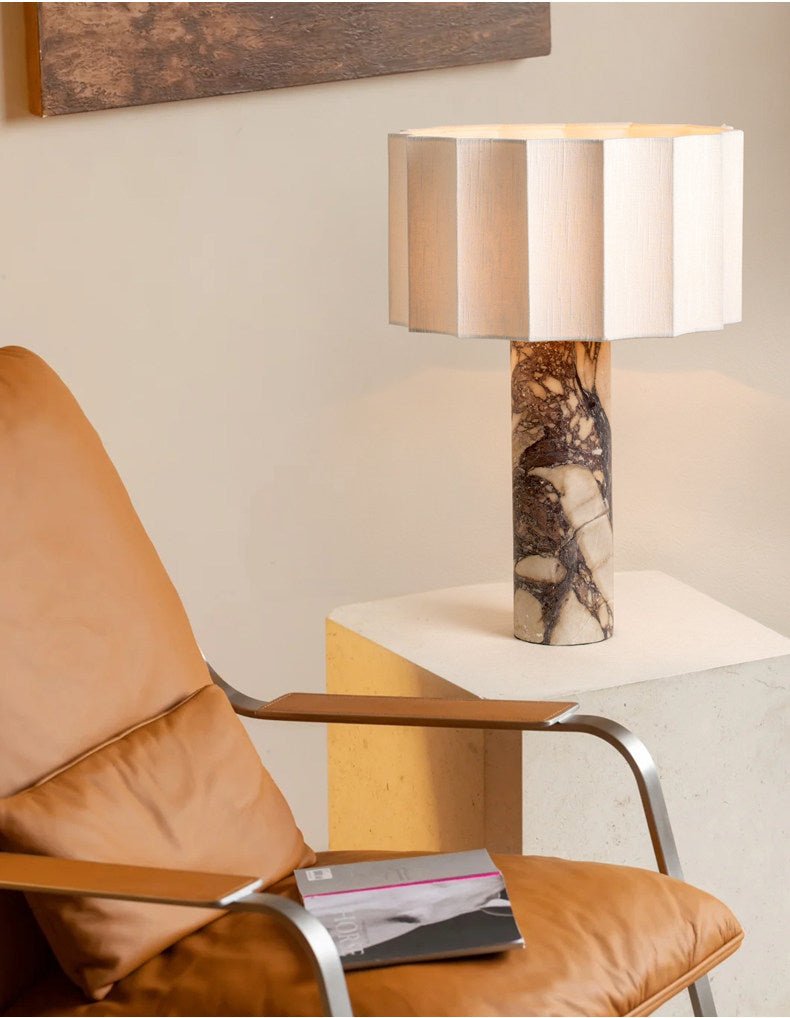 Aurelio Sculptural Marble Table Lamp with Fabric Shade for Modern Interiors