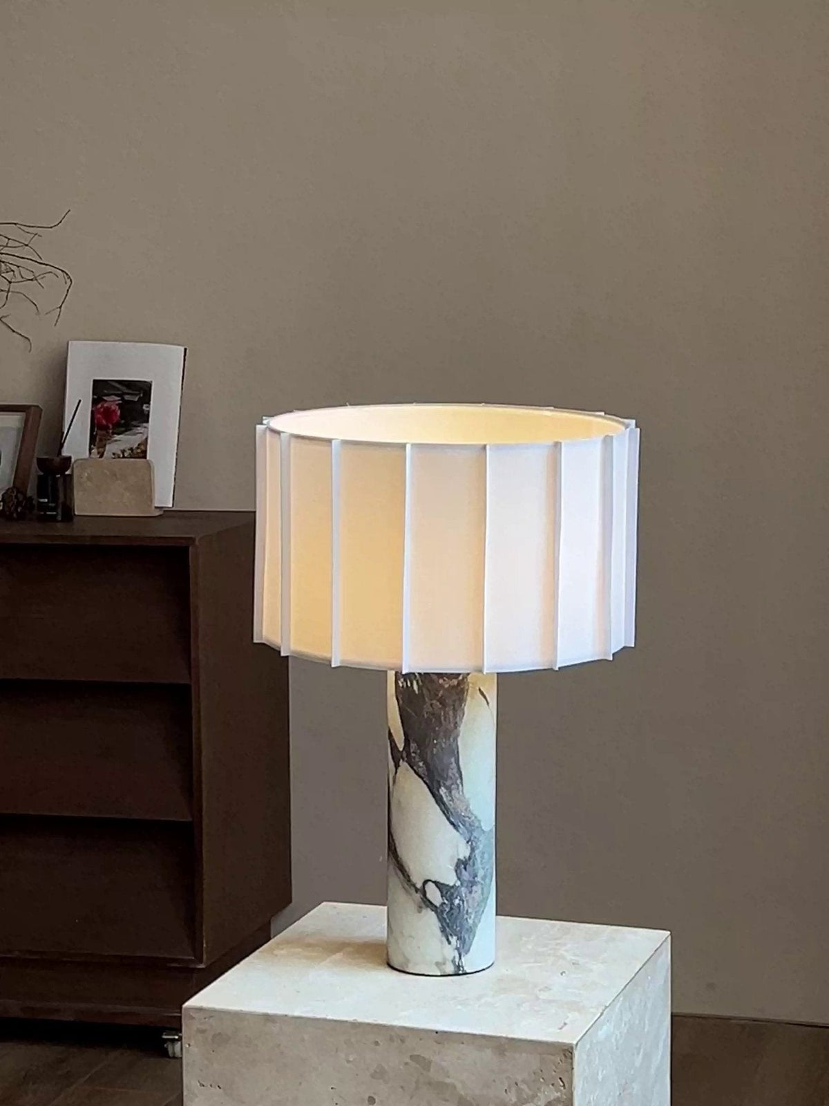 Aurelio Sculptural Marble Table Lamp with Fabric Shade for Modern Interiors
