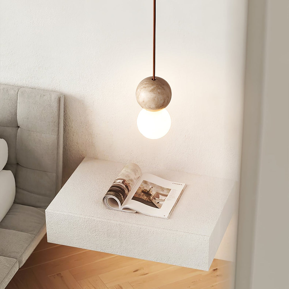 Camille Travertine Pendant Light – Natural Stone Sphere with Opal Glass Globe