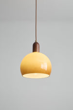 Aurelion Pendant Light – Amber Glass & Walnut Wood Modern Hanging Lamp