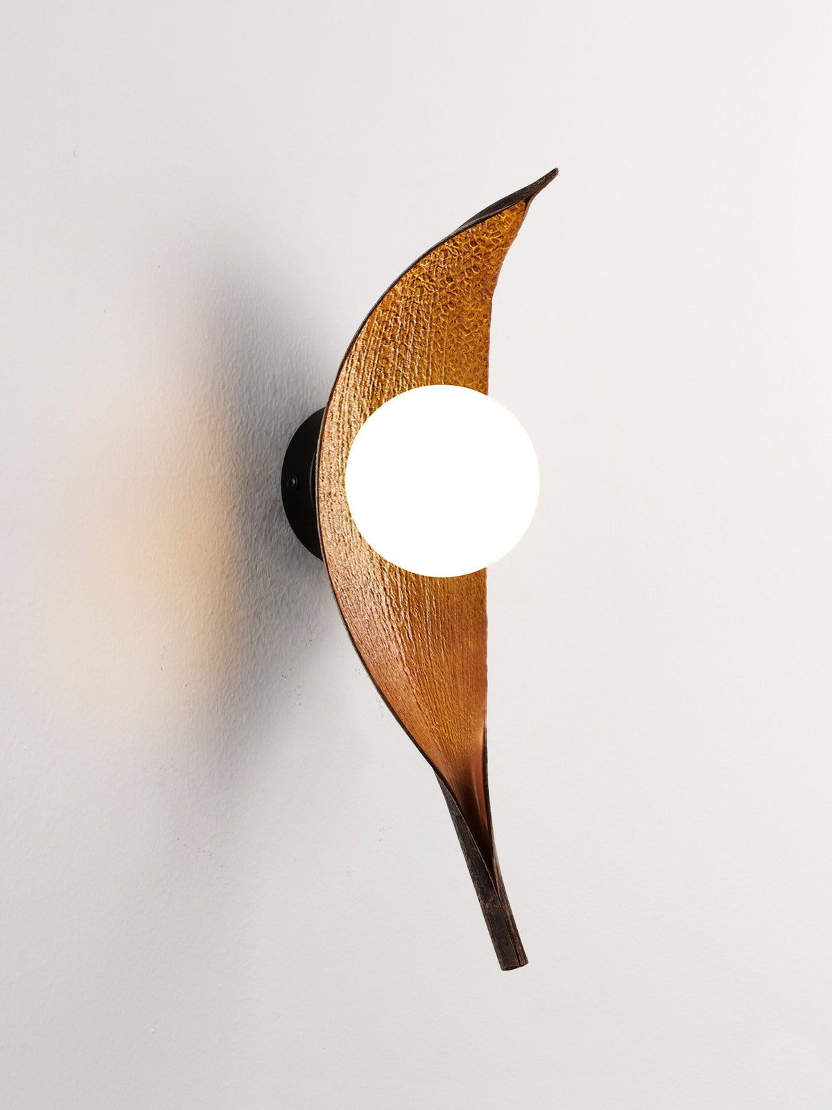 Aureo Leaf Glass Wall Sconce in Amber with Walnut Finish