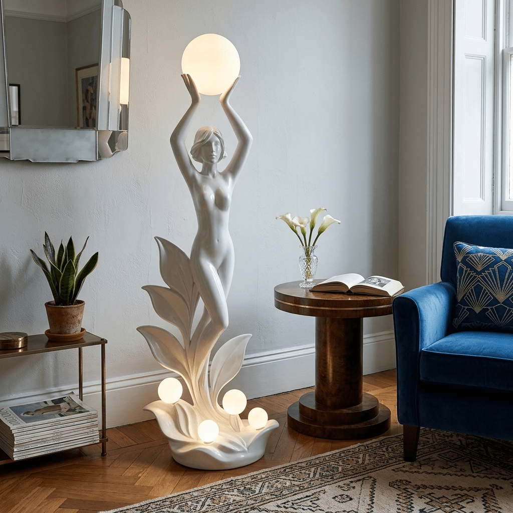 Aurora Muse Sculptural Floor Lamp – Art Deco Designer Lighting for Living Room & Bedroom