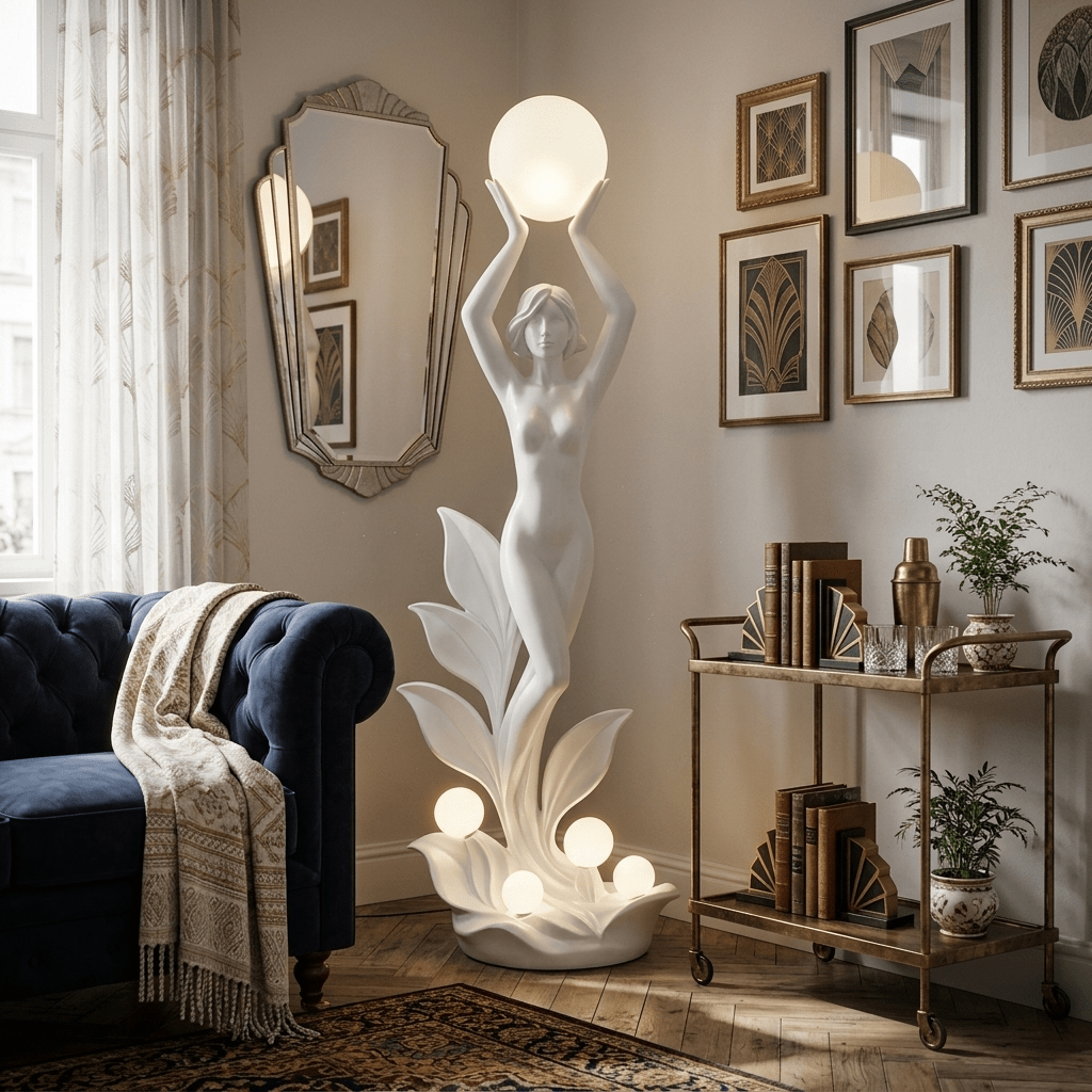 Aurora Muse Sculptural Floor Lamp – Art Deco Designer Lighting for Living Room & Bedroom