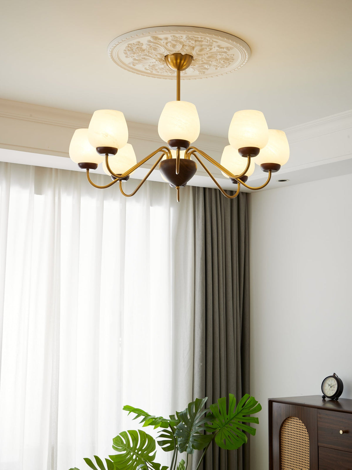 Aurorium Modern Brass Chandelier with Walnut Accents and Glass Globes