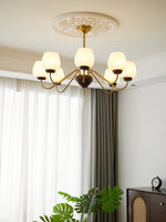 Aurorium Modern Brass Chandelier with Walnut Accents and Glass Globes