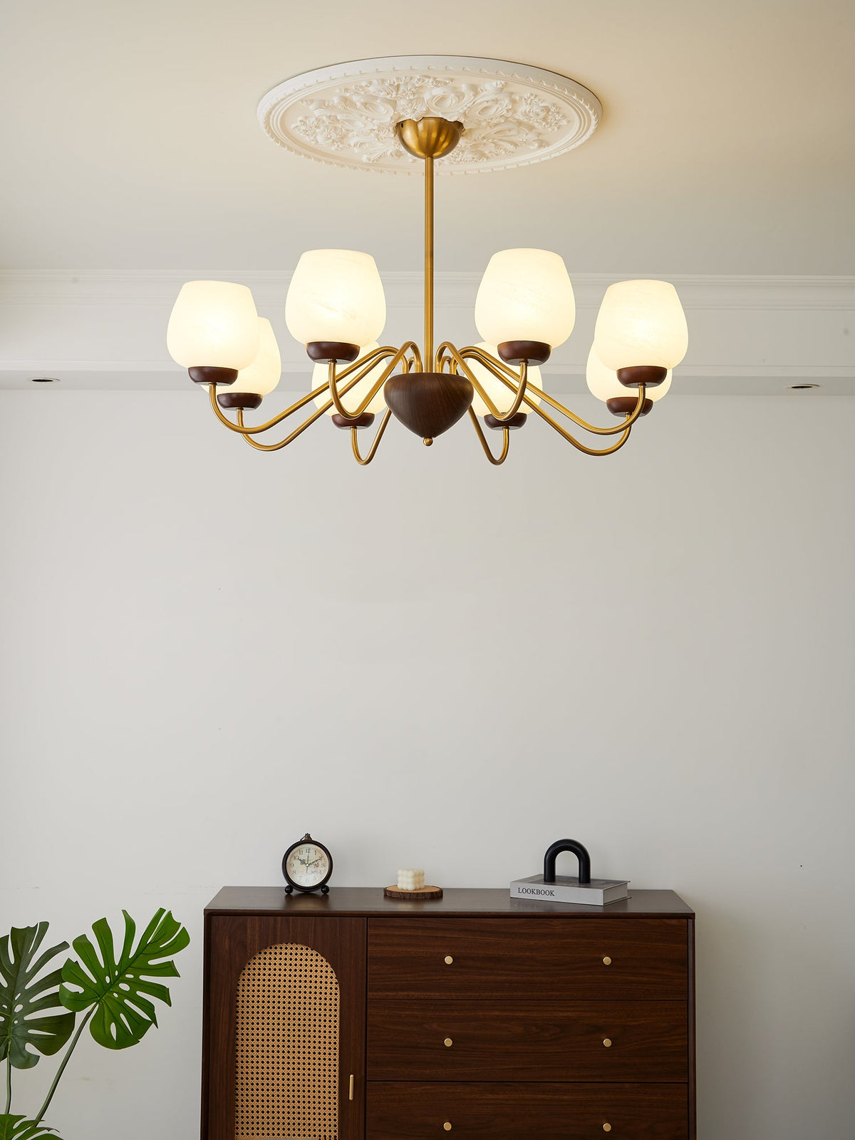 Aurorium Modern Brass Chandelier with Walnut Accents and Glass Globes
