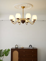 Aurorium Modern Brass Chandelier with Walnut Accents and Glass Globes