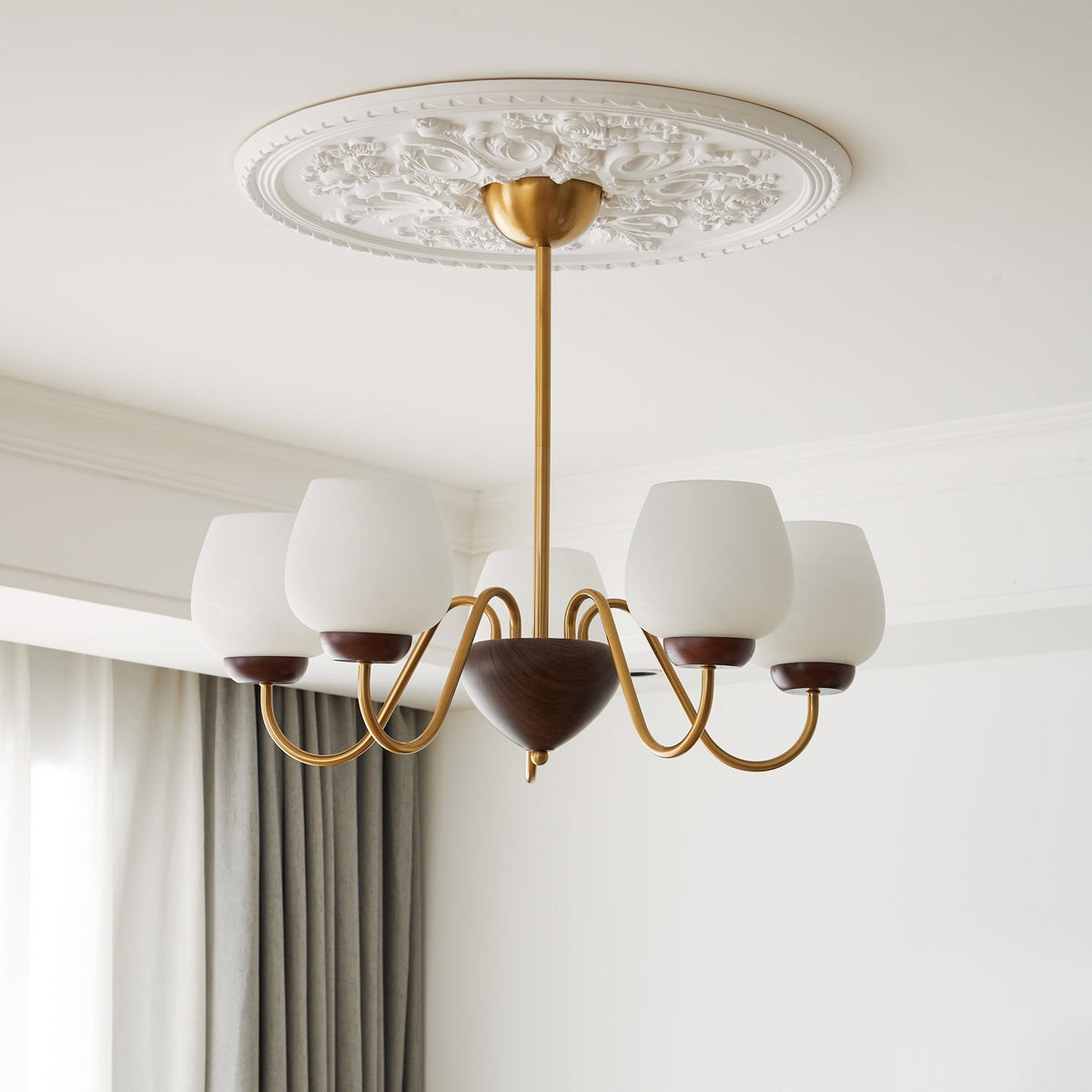 Aurorium Modern Brass Chandelier with Walnut Accents and Glass Globes