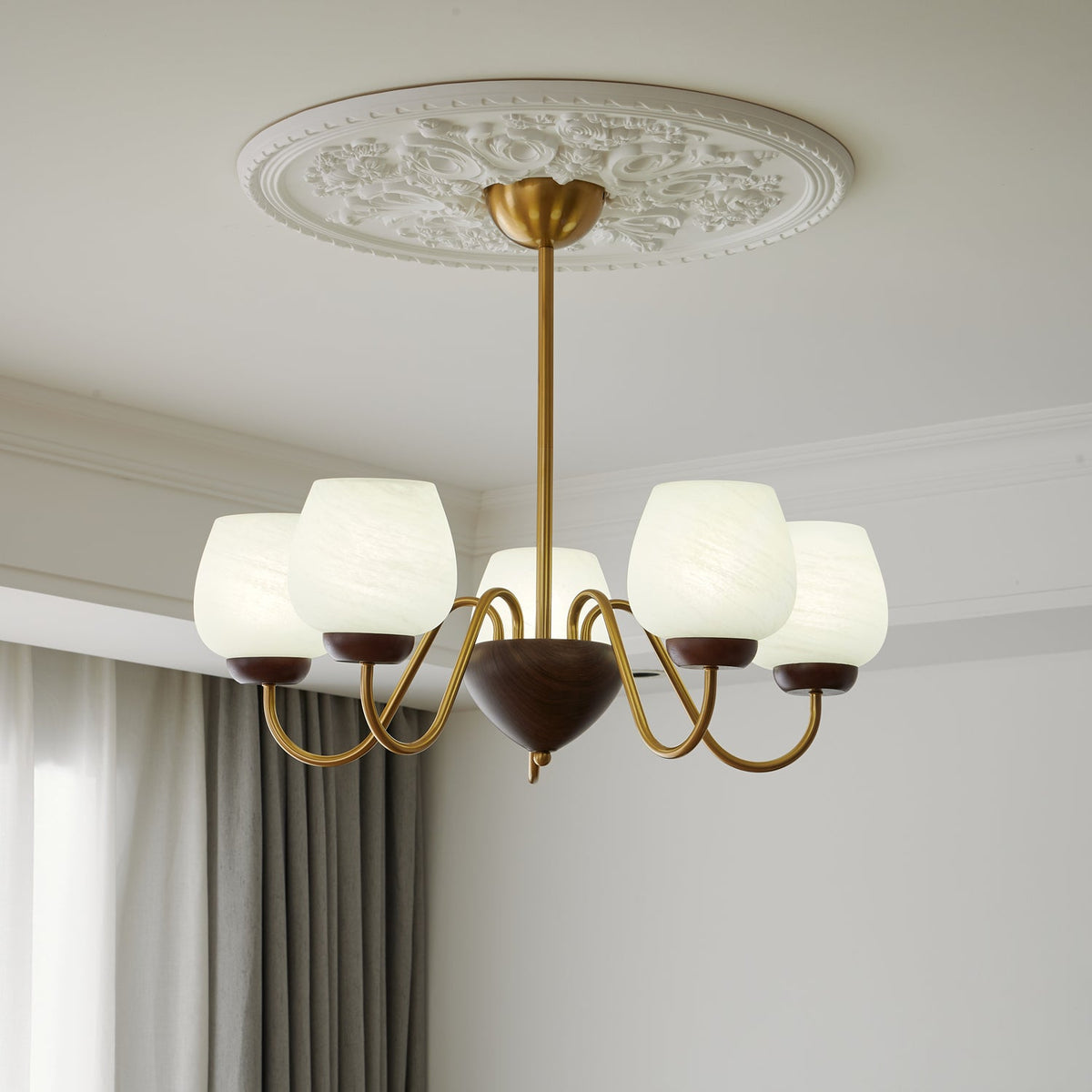 Aurorium Modern Brass Chandelier with Walnut Accents and Glass Globes