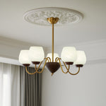 Aurorium Modern Brass Chandelier with Walnut Accents and Glass Globes