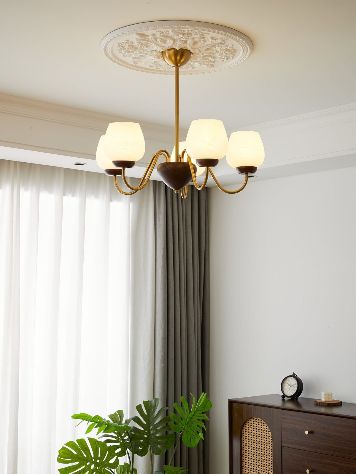 Aurorium Modern Brass Chandelier with Walnut Accents and Glass Globes