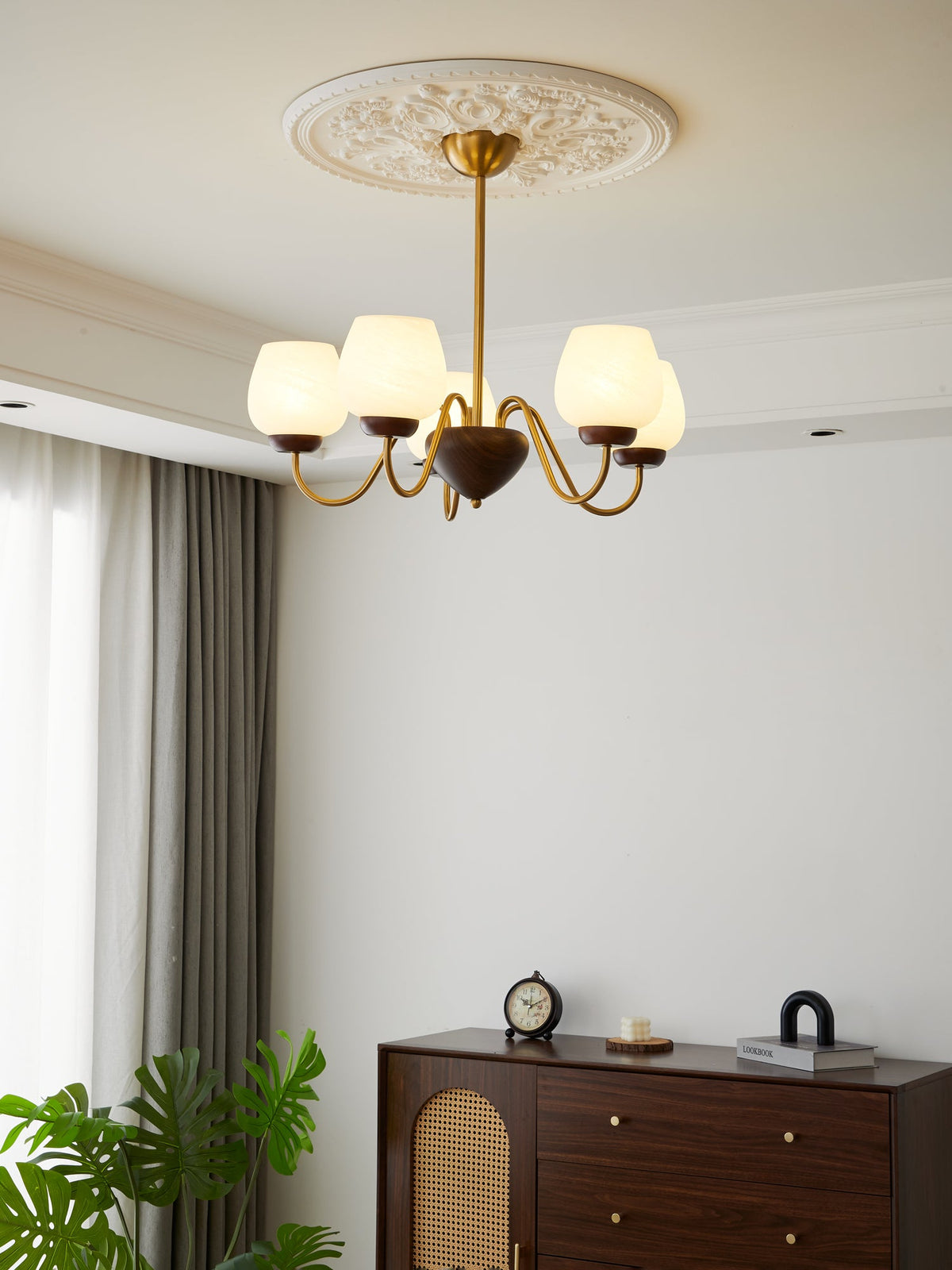 Aurorium Modern Brass Chandelier with Walnut Accents and Glass Globes