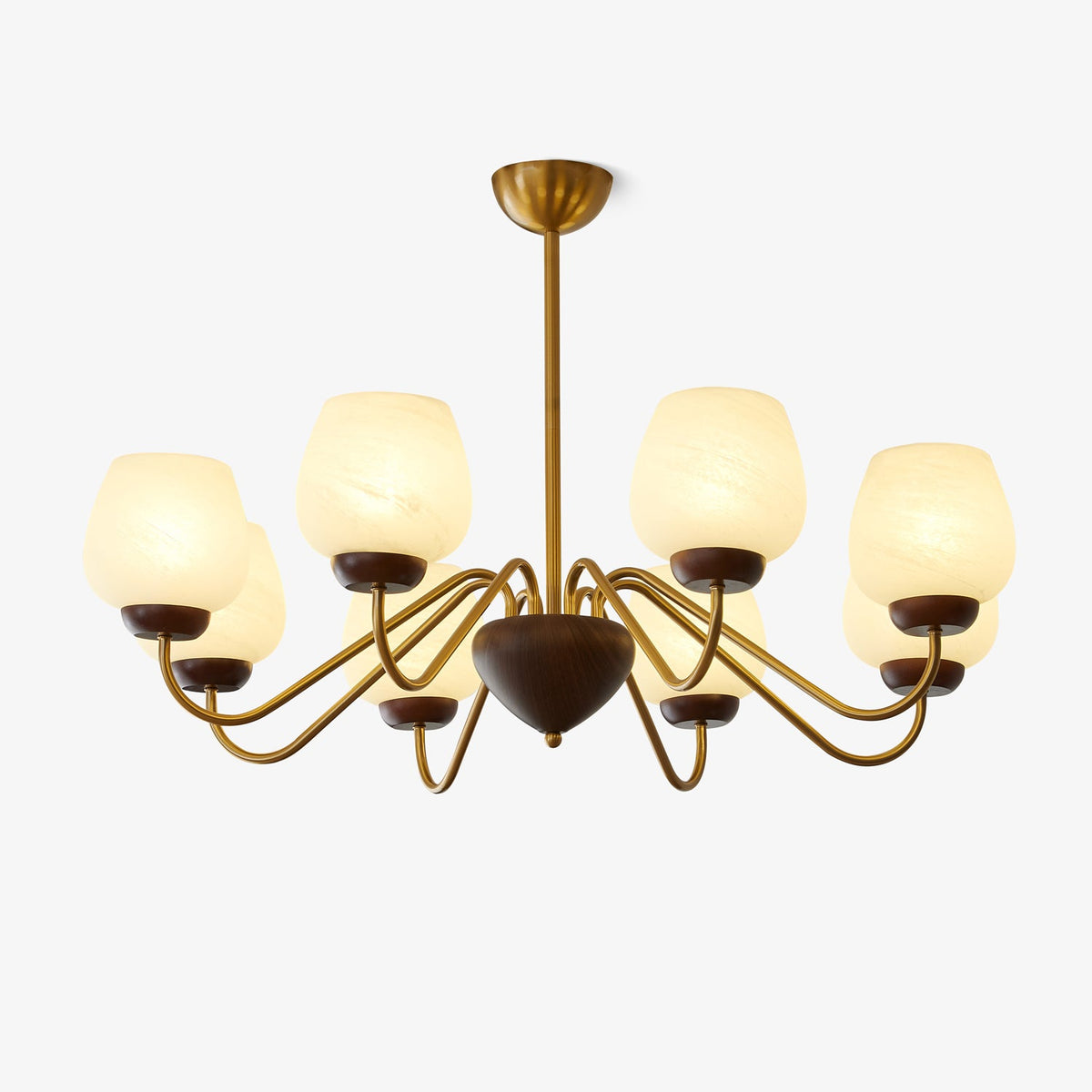 Aurorium Modern Brass Chandelier with Walnut Accents and Glass Globes