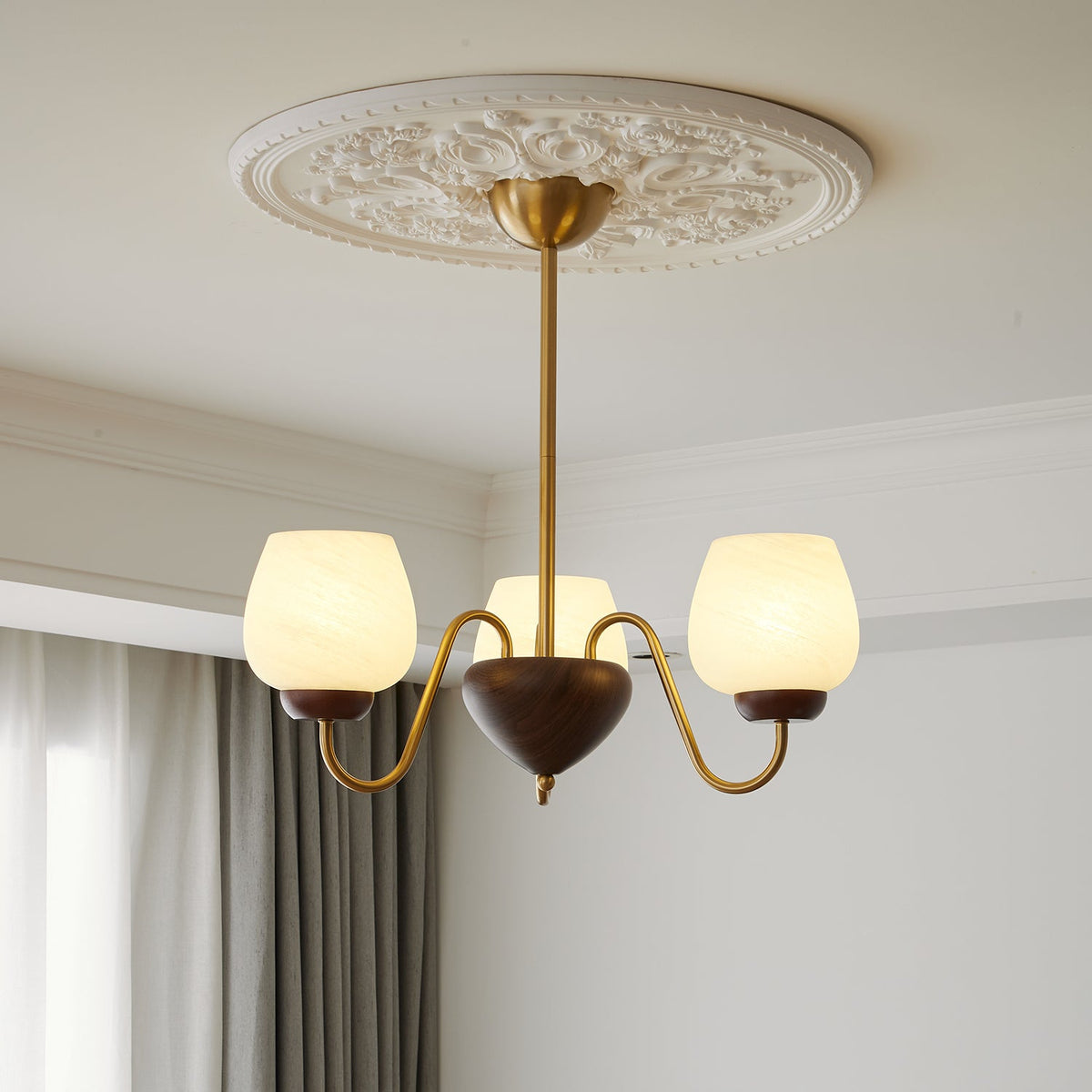 Aurorium Modern Brass Chandelier with Walnut Accents and Glass Globes