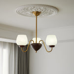 Aurorium Modern Brass Chandelier with Walnut Accents and Glass Globes