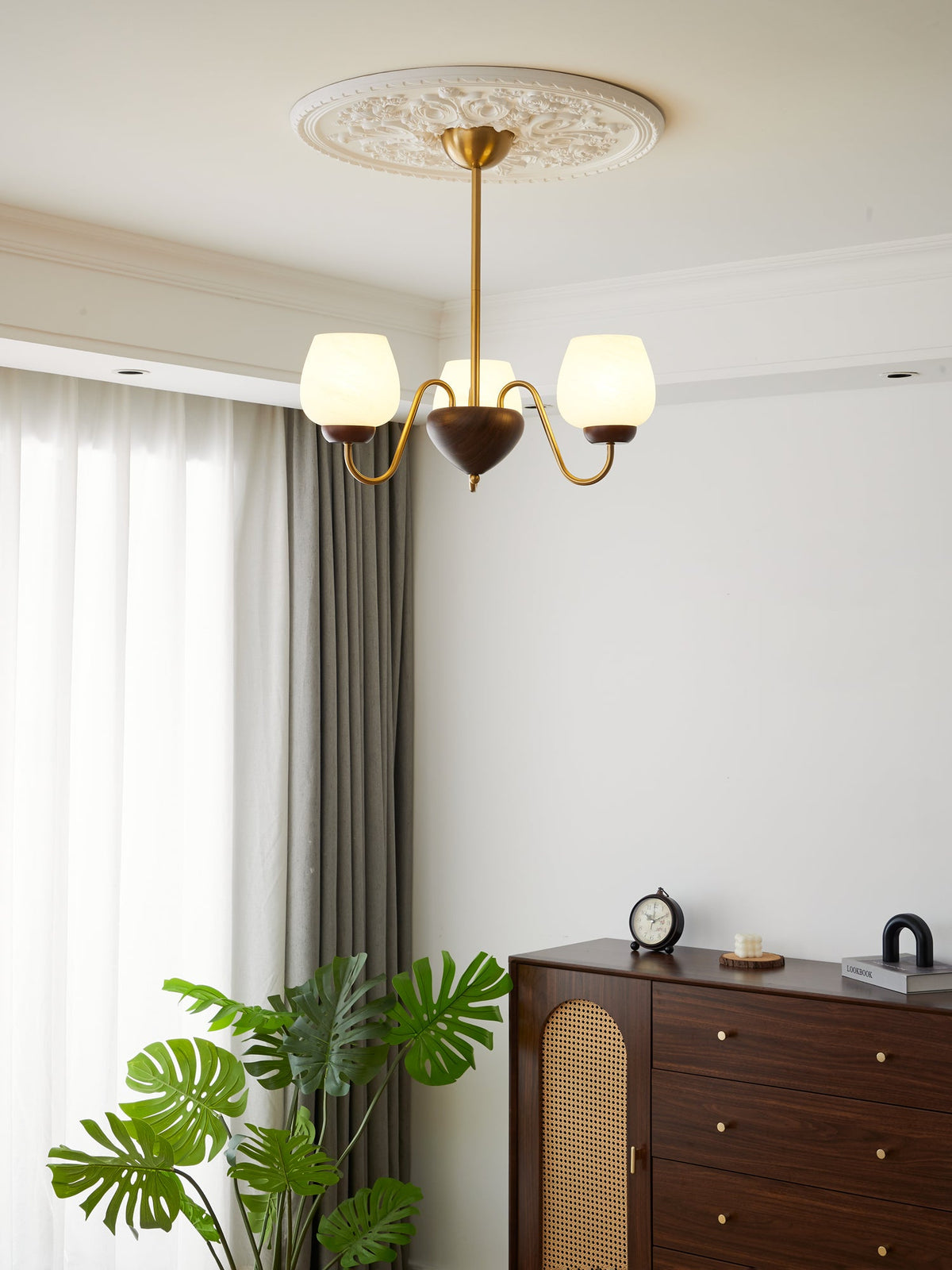 Aurorium Modern Brass Chandelier with Walnut Accents and Glass Globes