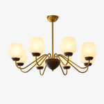 Aurorium Modern Brass Chandelier with Walnut Accents and Glass Globes