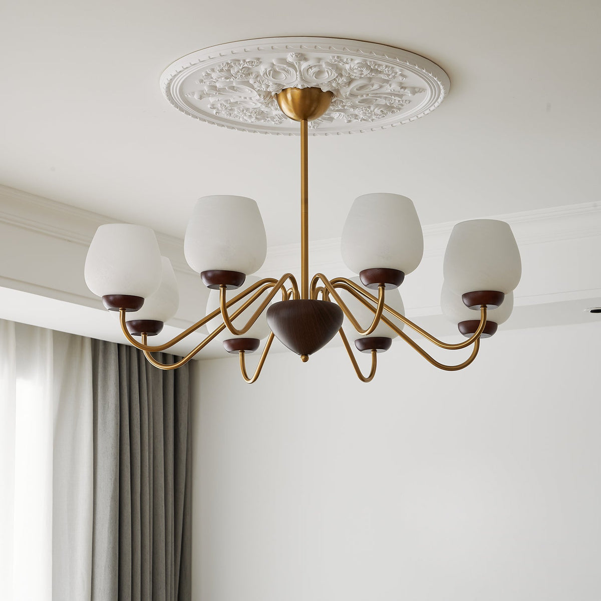 Aurorium Modern Brass Chandelier with Walnut Accents and Glass Globes
