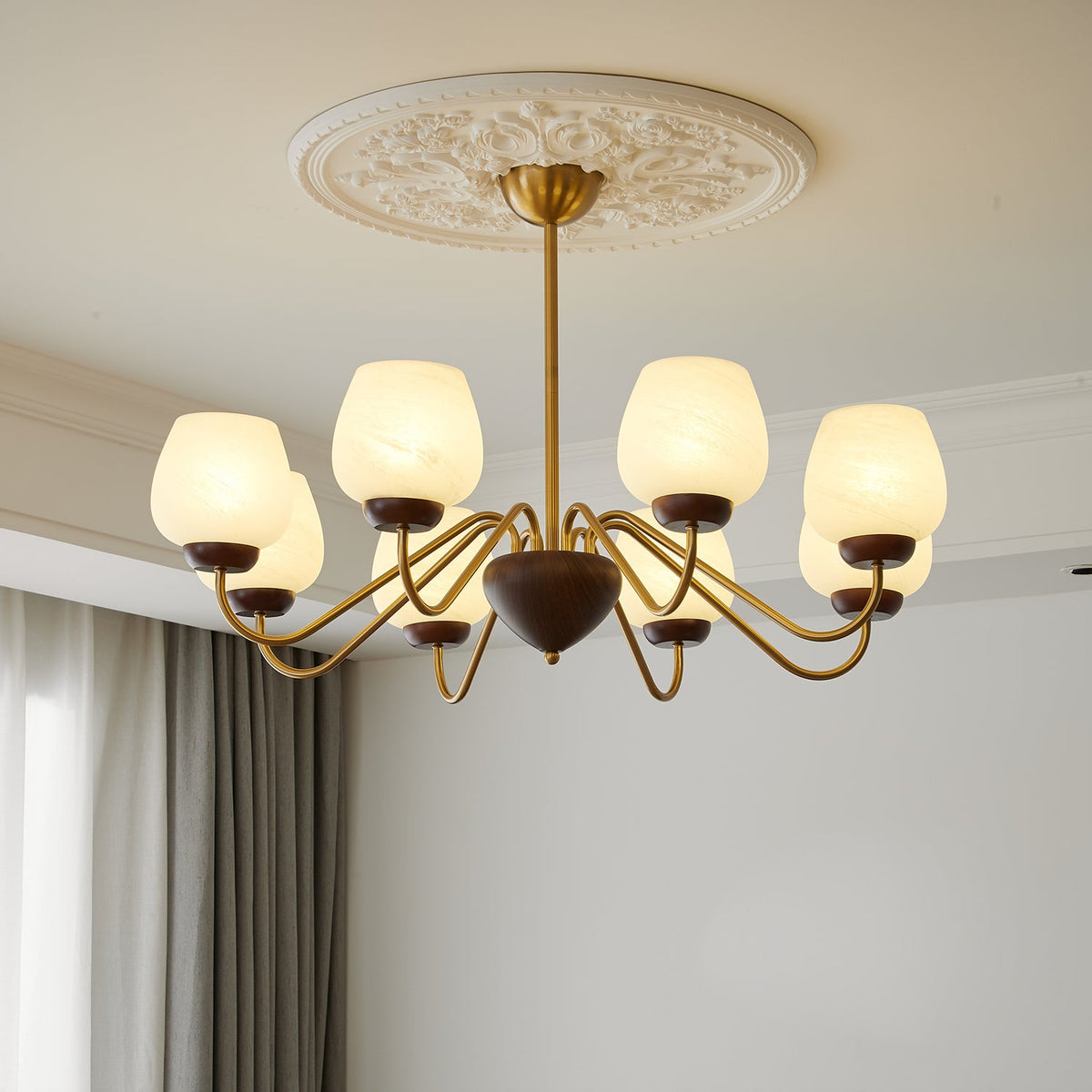 Aurorium Modern Brass Chandelier with Walnut Accents and Glass Globes