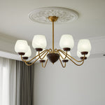 Aurorium Modern Brass Chandelier with Walnut Accents and Glass Globes
