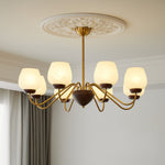 Aurorium Modern Brass Chandelier with Walnut Accents and Glass Globes