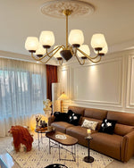 Aurorium Modern Brass Chandelier with Walnut Accents and Glass Globes