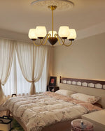 Aurorium Modern Brass Chandelier with Walnut Accents and Glass Globes